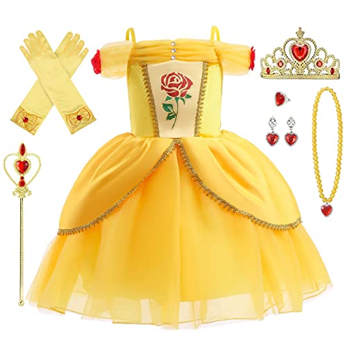 Kosplay Fille Robe de Princesse Belle avec Accessoires Déguisement La Belle et La Bête Costume Anniversaire Fête Halloween Noël Partie Carnaval Cosplay Enfant Robe de Princesse