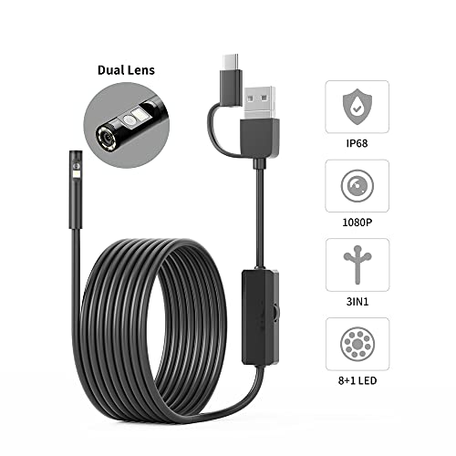 Baceyong 1x Industrie-Endoskop, 3-in-1-Schnittstelle 2 Millionen Pixel 1080 High-Definition-Sensor, Anti-Kratzer und Kratzer, IP68 wasserdicht, Linsendurchmesser 5,5 mm, Kabellänge 10 m
