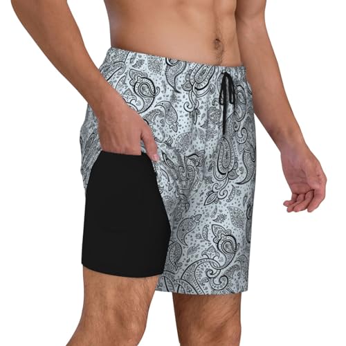 Black White Paisley Funny Men's Swim Trunks Board Shorts Quick Dry-3