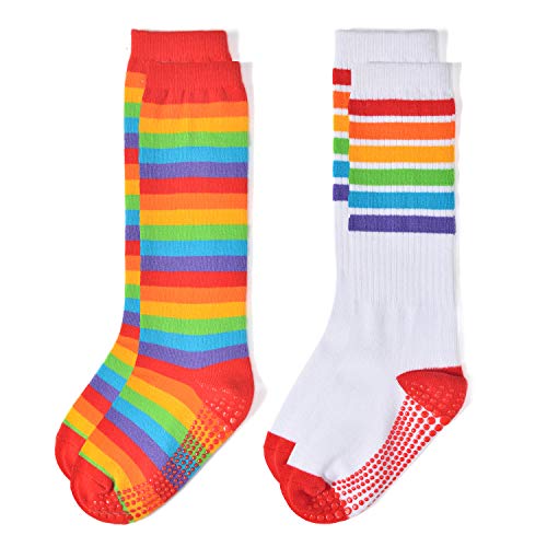 Image of Epeius Baby Girl Rainbow Striped Knee High Socks Non-Skid Uniform Tube Stockings for Infant,Toddler and Child