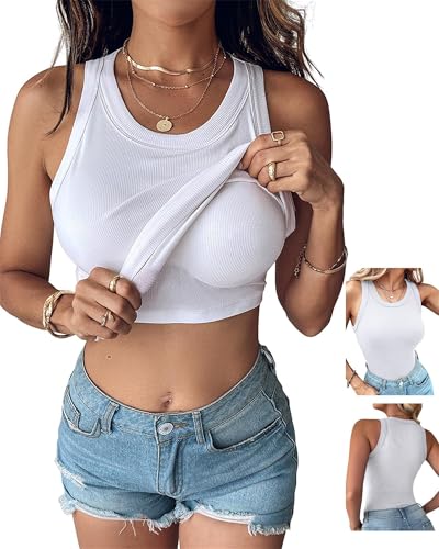Ovantii Women Built-in Bra Tank Tops, Ovantii Top, Sleeveless Casual Shirts, Racerback Ribbed Fitted Tank Tops. (White,X-Large)