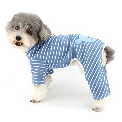 ZUNEA ボーダー柄 犬服 秋冬 ロンパース つなぎ Dリング付き 小型犬用 おしゃれ かわいい クマ柄 パジャマ 暖かい 防寒 可愛い 犬用 部屋着 寝間着 柔らかい カバーオール 四つの足 ペット服 ドッグウェア 洋服 チワワ 子犬 猫服 着脱簡単