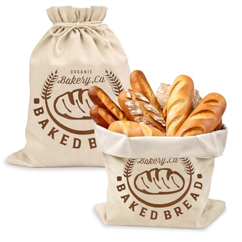 kelav 2 Pezzi Sacchetto Pane in Cotone con Interno TPU 45x35cm, Borse Riutilizzabili per Conservazione Freschezza, Design con Cordino per Prodotti da Forno e Alimenti