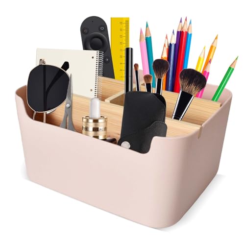Naapesi Organizador de Escritorio de 5 Compartimentos, Caja de Plástico y Madera para Guardar Papelería, Soporte Organizador Escritorio para Control Remoto, Cosméticos, Bolígrafos y Gafas (Rosa)