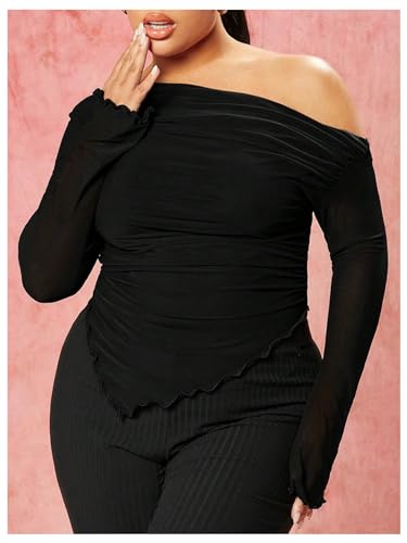 WDIRARA Women's Plus Size Off Shoulder Mesh Ruched Asymmetrical Long Sleeve Knitted Tops T Shirt3