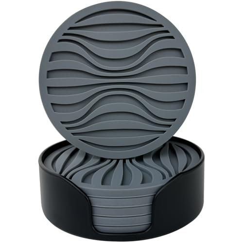Silicone Coaster Set of 6 Pieces with Silicone Cup Holder,Drinking Coasters, Cup Mat for Drinks,Live for Hot or Cold Drink Thickened, Non-Slip, Non-Stick, Deep Tray Black (Grey)