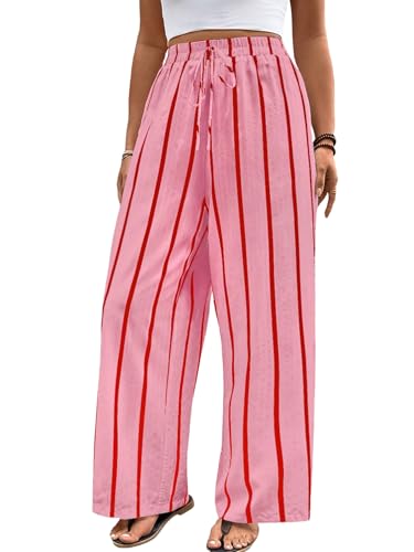 Plus Size Women's Casual Pants Striped Color Block Vintage Textured Wide Leg Drawstrings Loose Trousers