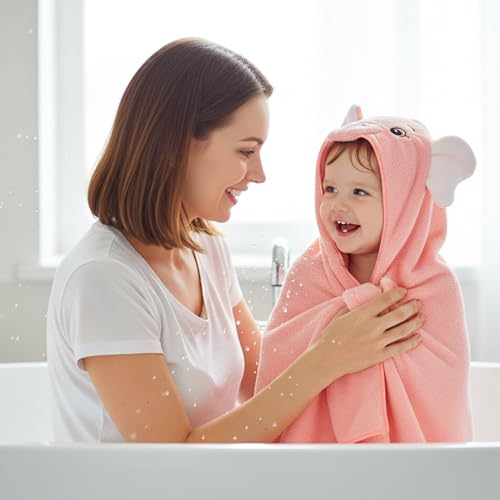Image of Ultra-Soft Baby Hooded Towel - 100% Cotton Wrap Your Little one in Softness and Joy, Hypoallergenic & Super Absorbent Bath Wrap for Newborns & Toddlers | Cute Animal Design,(0-5Years) (Peach Elephant)