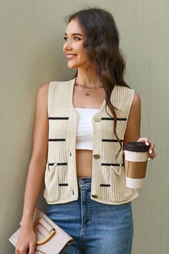 Image of Disamer Sleeveless Sweater Vest for Women Crochet Knit Button Down Crop Cardigan Sleeveless Tank Tops with Pockets,Stripe Apricot,Large