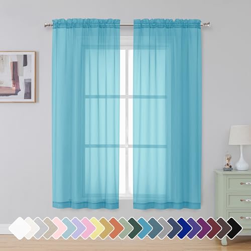 Image of Simplebrand Turquoise Sheer Curtains 63 Inch Length 2 Panels, Rod Pocket Solid Color Window Sheer Curtain Panels, Elegant Curtains & Drapes for Living Room, Bedroom 2 Panels (Turquoise, 42 inch W x 63 inch L)