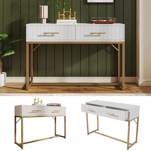 Pangshiyuan Tocador con 2 cajones, color blanco, 100 x 45 x 75 cm, con frente estriado y estructura de metal, cómoda para dormitorio, tocador con espacio de almacenamiento y espacio para taburetes