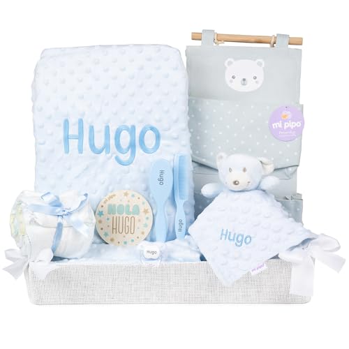 Mi Pipo - Canastilla Bebe Personalizada Azul | Cesta Bebe Recien Nacido con Manta, Doudou, Chupete, Pañales y Accesorios | Set Regalo Nacimiento Completo, Nombre Bordado, Poliéster