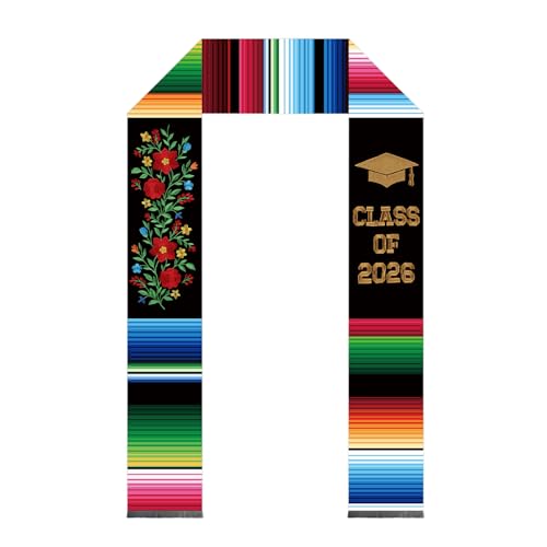 Cylanta Floral Embroidery Mexican Graduation Sash, 72 Inch Class of 2026 Graduation Stole, Estola de Graduación, Mexican Serape Stole Gifts