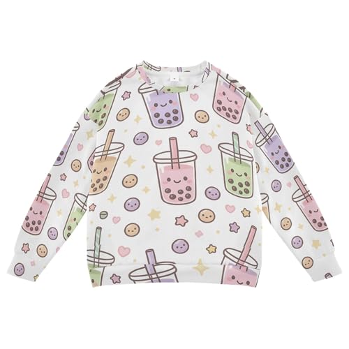 JUNZAN Cute Bubble Tea Pattern Kids Girls Hooded Sweatshirt Crewneck Sweatshirt With Hoodie Party 4T