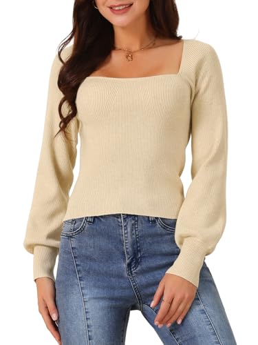 Image of Seta T Women's Square Neck Long Sleeve Sweaters Casual Ribbed Knit Fitted Pullover Sweater Tops