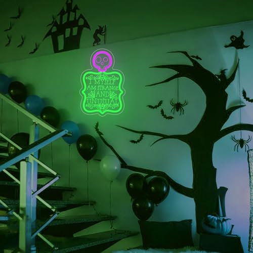 Image of I Myself Am Strange and Unusual Neon Sign Dimmable Spooky Gothic Haunted Mansion Decor Coffin LED Neon Signs for Wall Decor,USB Powered Led Neon Light for Party Haunted House Man Cave Birthday Christmas Gifts