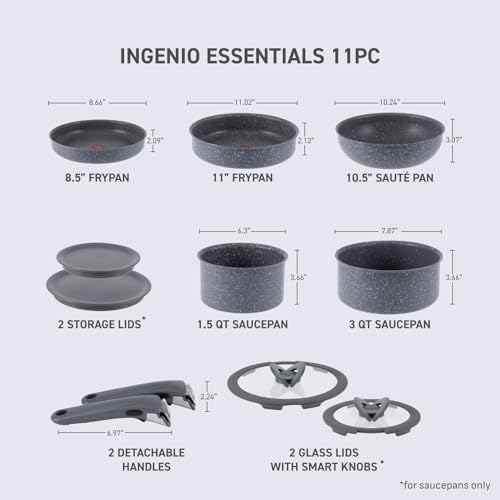 T-fal Ingenio Essentials Cookware Set with Detachable/Removable Handle 11 Piece, Granite Titanium Non Stick, Oven Broiler Safe 500F, Stackable, Pots and Pans Set, Frying Pans, Dishwasher Safe, Gray - Image 4
