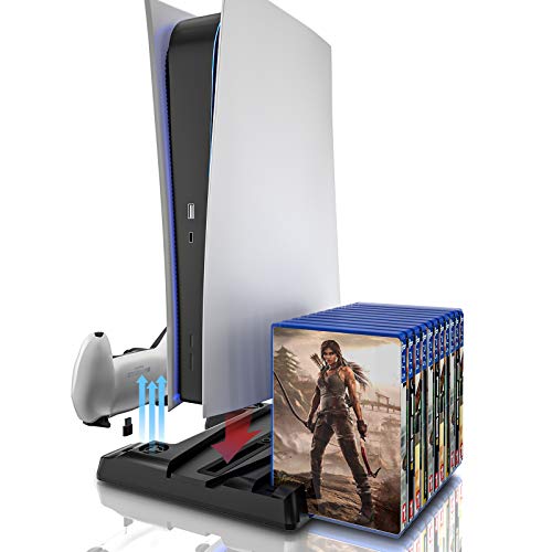 PS5 Stand with Controller Charger and Cooling Fan, PS5 Digital/Disc Version Stand, PS5 Controller Charger with USB C Cable, PS5 Cooling Stand