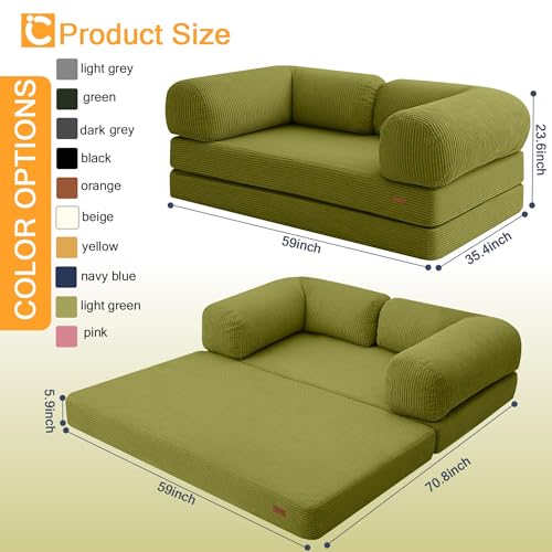 COMAX Folding Sofa Bed Queen, 4-in-1 Convertible Foldable Floor Couch Futon Sofa with Armrests, Sleeper Mattress Fold Out Chair Bed Comfy Portable Lounge Guest for Living Room Bedroom, Light Green