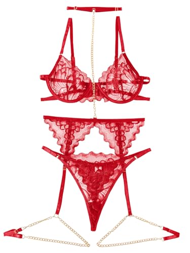 Image of Lilosy Sexy Choker Floral Lace Scallop Sheer Underwire Push Up Garter Belt Lingerie Set 3 Piece