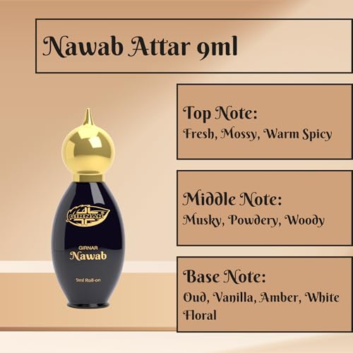 Image of Girnar Nawab Attar 9ml | Non-Alcoholic Premium Concentrated Perfume | Fresh, Mossy, Warm Spicy, Musky, Oud & Vanilla Scent