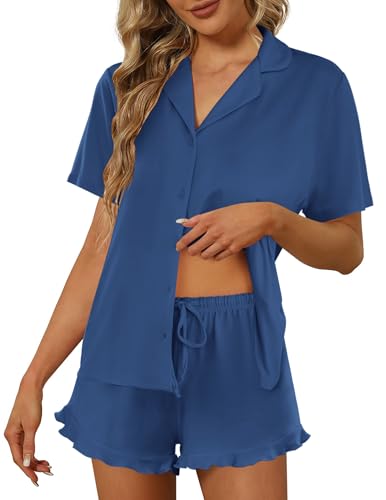 Image of Ekouaer Pajamas Set for Women Short Sleeve Sleepwear Button Down Pjs Lounge Sets Soft Nightwear