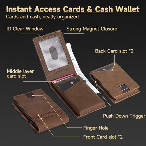 RFID Slim Wallet for Men - Pop Up Card Case with Quick Eject Button, Versatile Mens Wallet with ID window 12 Card Slots Cash Compartment, Brown Front Pocket Wallet (Gift Boxed)2