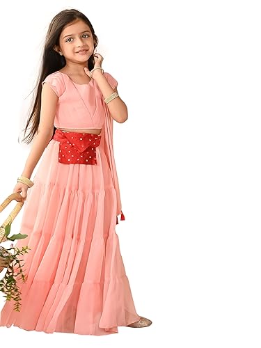 LILPICKS Solid Sleeveless Layered Lehenga Choli Set with Attached Dupatta for Girls (Light Pink) (4-5Y) Deal