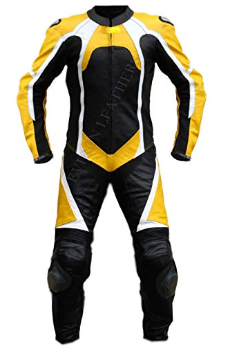 Traje de piel para motocicleta de 2 piezas, chaqueta y pantalón (M, amarillo)