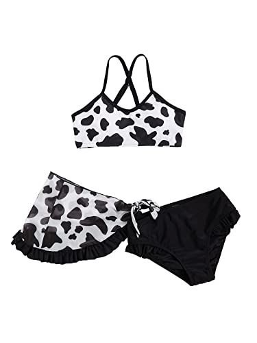 Wdirara Girl's 2 Piece Set Animal Print Ruffle Hem Swimwear Sleeveless Bikini Set Black And White 150 #TOP6