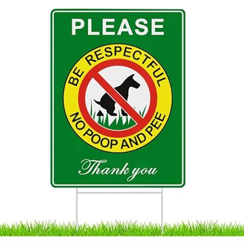 HEIOKEY 2 Pack Double Sided 12" x 9" No Poop And Pee Signs with Metal H Stake, Please Be Respectful Thank You Sign, No Pooping Yard Sign with Stake, No Dog Allowed Sign, No Poop Zone for Lawn (Green) Cover