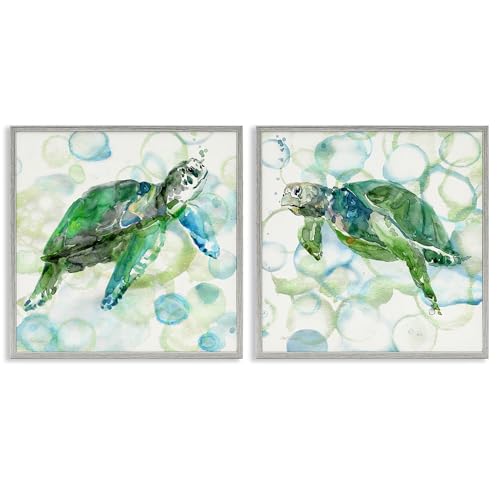 'Swimming Sea Turtle Floating Beach Bubbles'| 2pc Framed Giclee Art Set 2