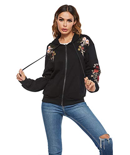 Women's Fall Winter Jacket Tops Bohemian Floweral Embroidered Mexican Hoodie Zipper Long Sleeve Sweatshirt (Black, 3X-Large)