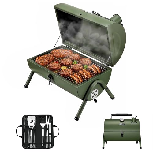 MAISON HUIS Adjustable Portable Charcoal Grill Multi-functional Metal Small BBQ Smoker with 9-Piece Stainless Steel Grill Tool Set for Outdoor Hiking Picnic (Green Kit)