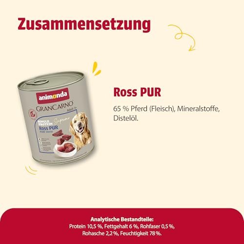 animonda GranCarno Hunde Nassfutter Single Protein Ross pur (6 x 800g), getreidefreies Hundenassfutter ohne Zucker, für ausgewachsene Hunde, mit frischem Pferdefleisch und Innereien