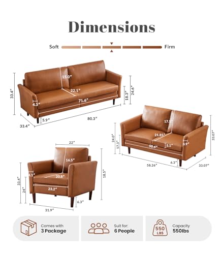 Image of Kingfun 3 Piece Living Room Furniture Sets, 3 Seater Couch, Loveseat and Armchair, Faux Leather Couch Set, Mid Century Modern Sofa Set with Solid Wood Frame for Living Room, Office, Mid Brown
