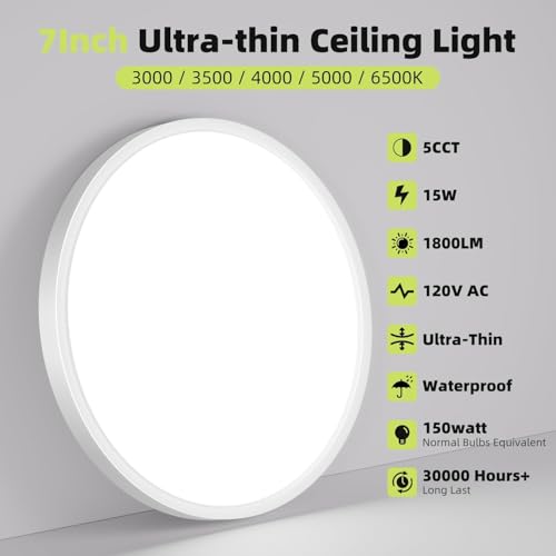 hepside 7 Inch White Flush Mount Ceiling Light, 15W 1800LM Ceiling Light Fixture,3000K/3500K/4000K/5000K/6500K Color Temperatures,LED Flat Ultra-Thin Round Lighting Fixture for Closet Bathroom Hallway by hepside - Image 3