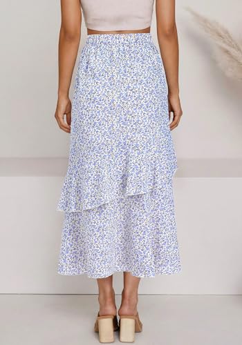 BTFBM Women 2026 Spring Summer Long Skirts Dress Boho Floral Elastic Waist Split Ruffle High Low Beach Maxi Skirt Clothes(Z-Light Blue, Large) — view 3