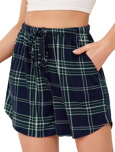 Vlazom Women's Pyjamas Shorts Summer Soft and Breathable Bottoms Casual Pyjama Pants for Sleeping Gym Running with Pockets Drawstring, Navy Green Plaid, M