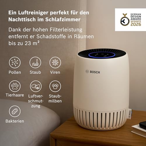 Bosch Air 1000 pročišćivač zraka - Za prostorije do 20 m² - Učinkovito uklanja zagađivače - S 3-u-1 filtrom za zrak, pametnim senzorom, automatskim načinom rada, načinom mirovanja (25 dB(A)) - CADR: 100 m³/h