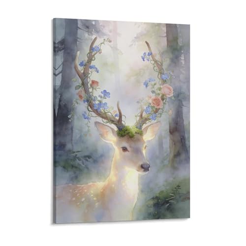 BOAMDLEOLLO Ethereal Spirit Stag Art Canvas Print Dreamy Watercolor Forest