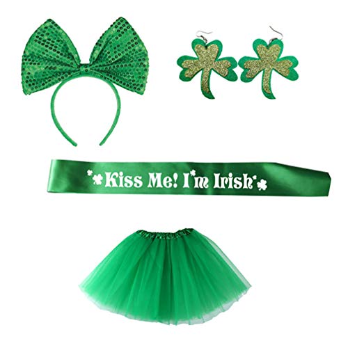 PretyzOOM 4 peças acessório para fantasia de Dia de São Patrício com laço verde para tiara, saia tut