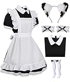 Maid Dress Cosplay Traje Mujer Maid Outfit para Niñas Halloween Cosplay Disfraz Lolita Dress con tocado Guantes Medias Medias (Pequeñas Negras)