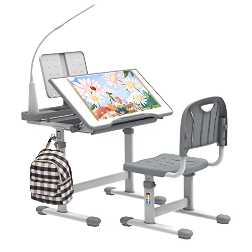 Wrilibo Kids Desk And Chair Set 10-12 Year Old, Kids Study Desk With Light, 40 Degree Tilted Tabletop Desk For Kids,Height Adjustable Kids School Desk For Boys And Girls,Grey #TOP6