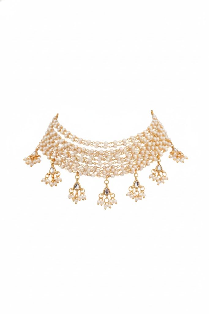 Multi-Layer Pearl Choker Necklace with Gold-Tone Detailing-picture-27