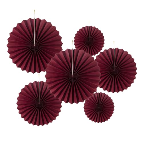 Image of MOWO Burgundy Wine Red Paper Fans Hanging Decoration, 6pc | Birbirthday graduation wedding retirement baby shower new year valentines day party decoration