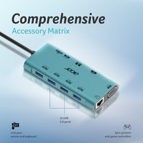 Image of Acer MultiLink 11-in-1 USB-C Hub | 4K HDMI, VGA, Gigabit Ethernet, 100W PD Charging, USB 3.0 5Gbps, SD /TF Card Reader | 3.5mm Audio, Plug & Play Docking Station for Laptop & Compatible USB-C Devices