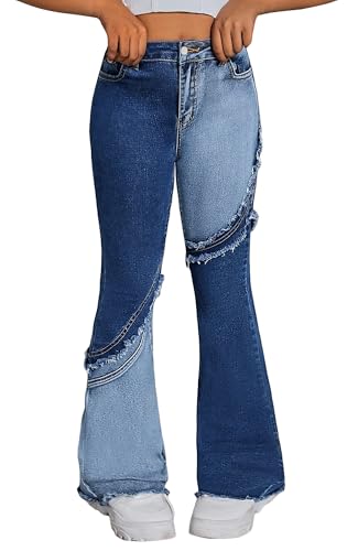Jean évasé fille avec vraies poches, pantalon décontracté patte d'éléphant en denim stretch