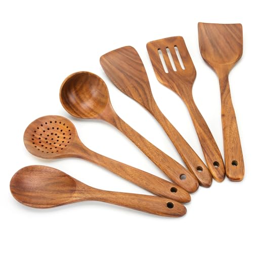 EZuncle 6 Piece Wooden Cooking Spoon Set - Ideal For Non-Stick Pans, Heat Resistant Solid Wood, Smooth Teak Cutlery For a Comfortable grip - Lightweight and Durable - Easy to Clean(6 PCS Large)