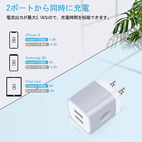 Viviber「2ポートUSB充電器*1個+USB Type-Cケーブル1.8m*1本、0.9m*1本」USB充電アダプター 急速充電器 タイプC充電器 AC USBコンセント アンドロイドスマホ充電器 ドコモ携帯充電器 Xperia充電器 Galaxy充電器ケーブル Type-C USBケーブル USB C USB 2.0 ケーブル USB-C充電ケーブル タイプCケーブル Andriodスマホケーブル 充電コード(シルバー)